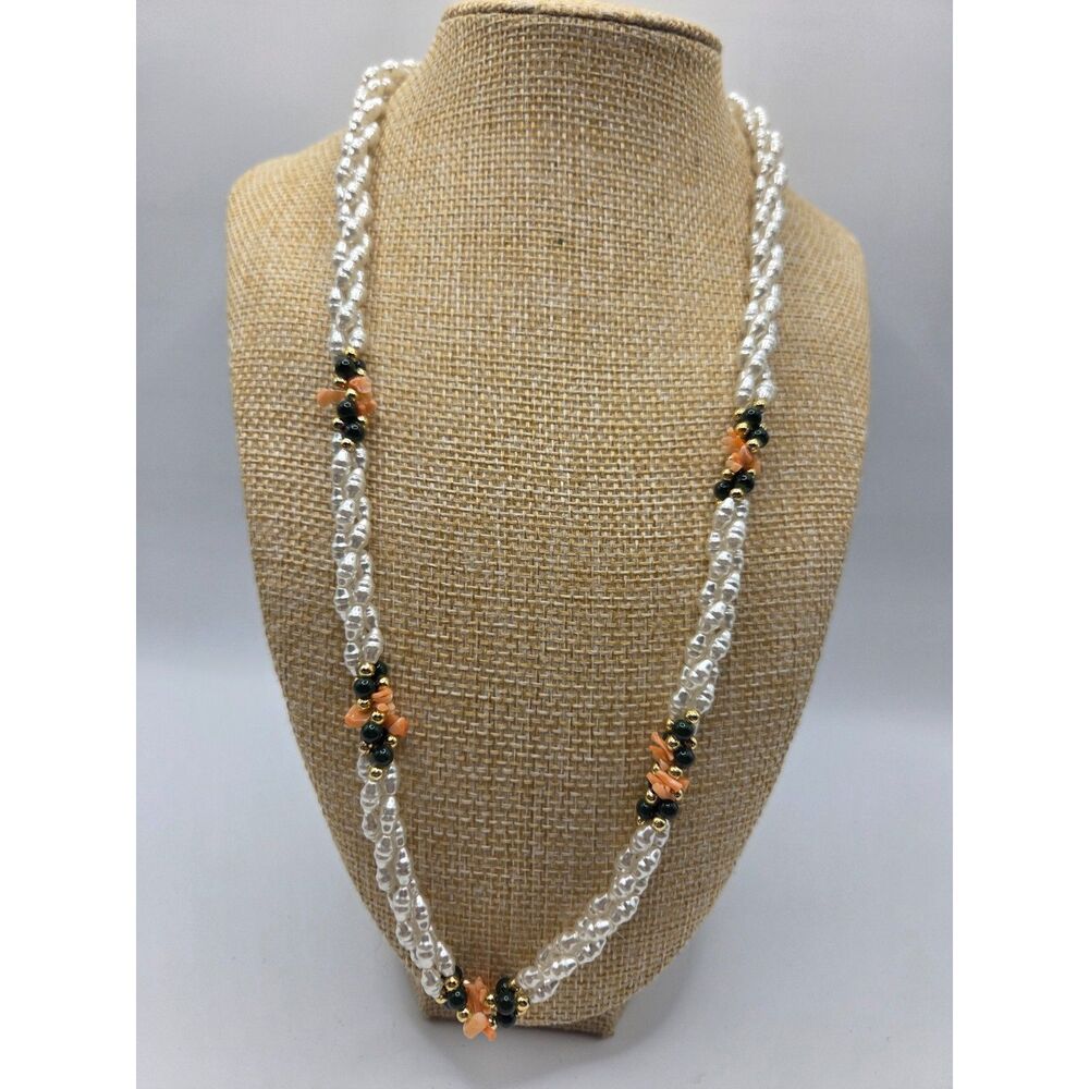 1759. Multi Strand Faux Pearl and Coral Chip Necklace